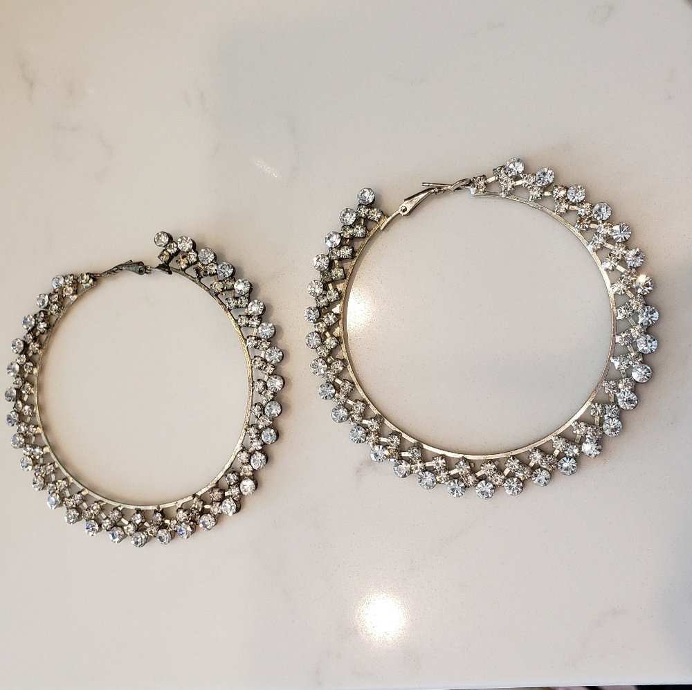 ☮ Silvertone and Crystal Hoop Earrings